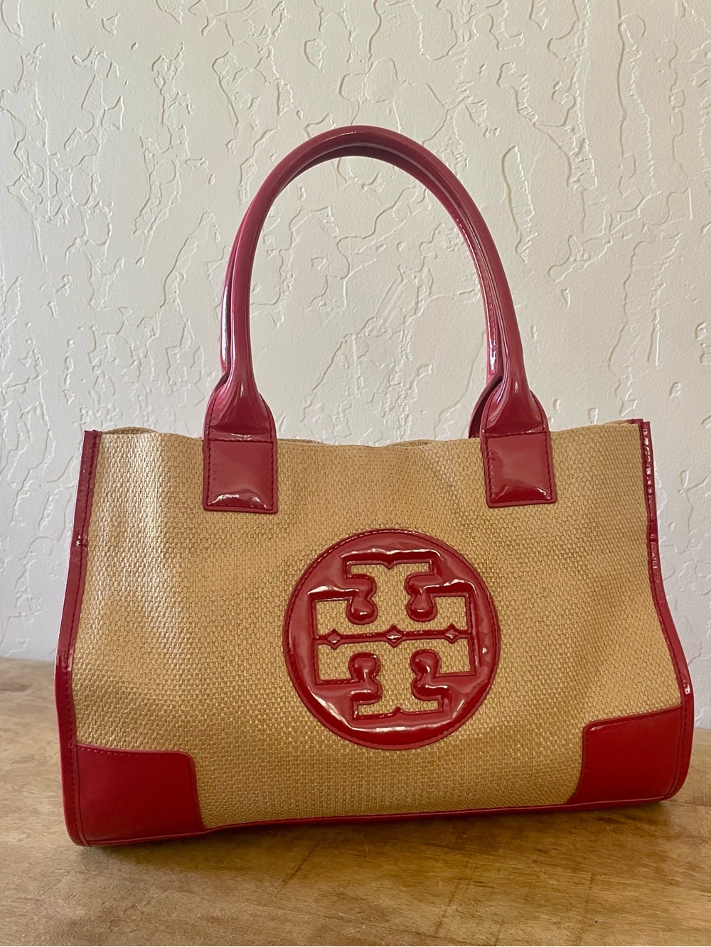 Tory Burch Ella Straw Tote | Natural & Red Patent Logo Tote Bag